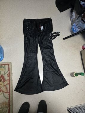 Devil Fashion- Black Faux Leather Flared Pants with Buckle Detail- Sz L- Nwt